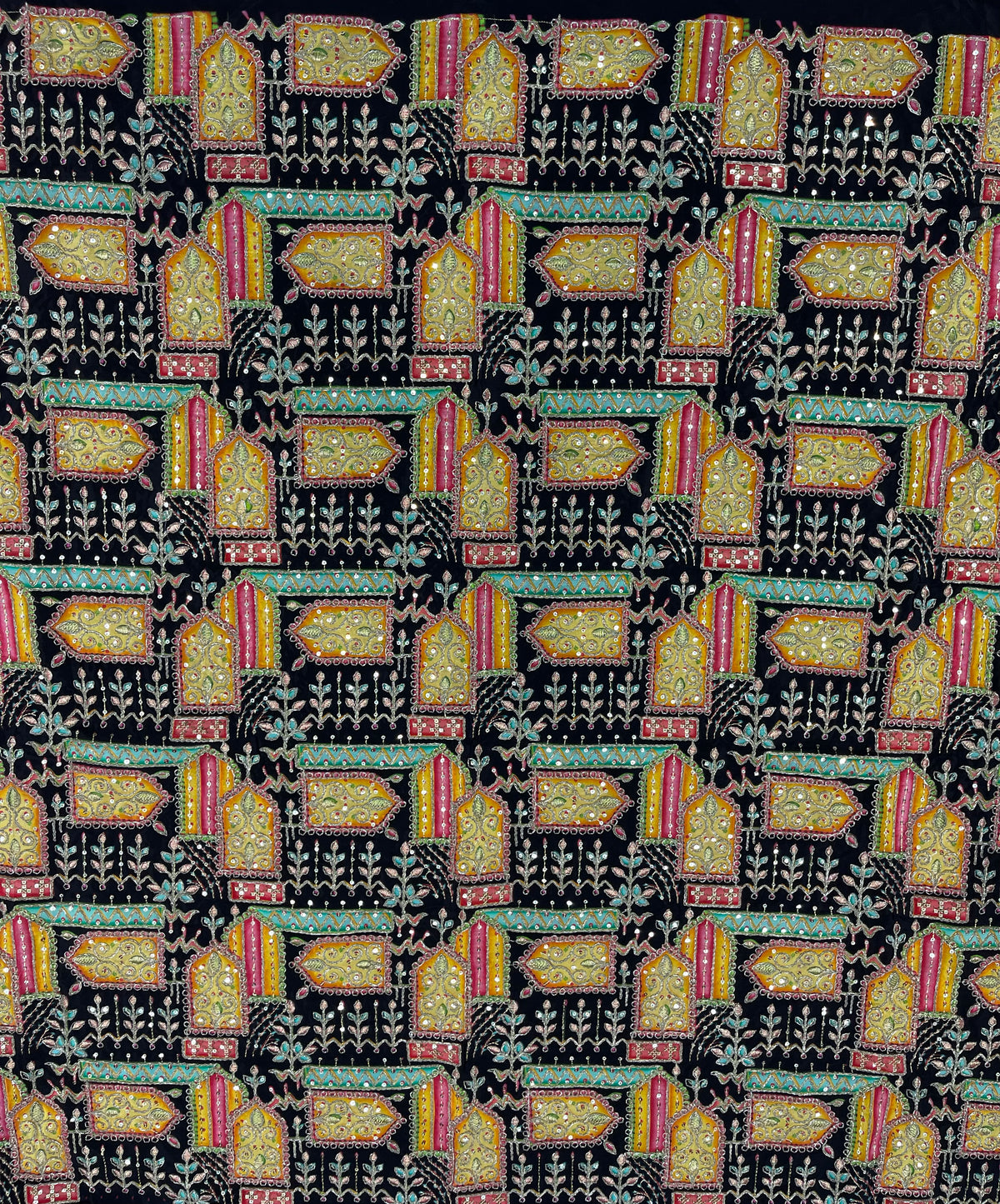 Black Multicolor Geometric Embroidered Fabric