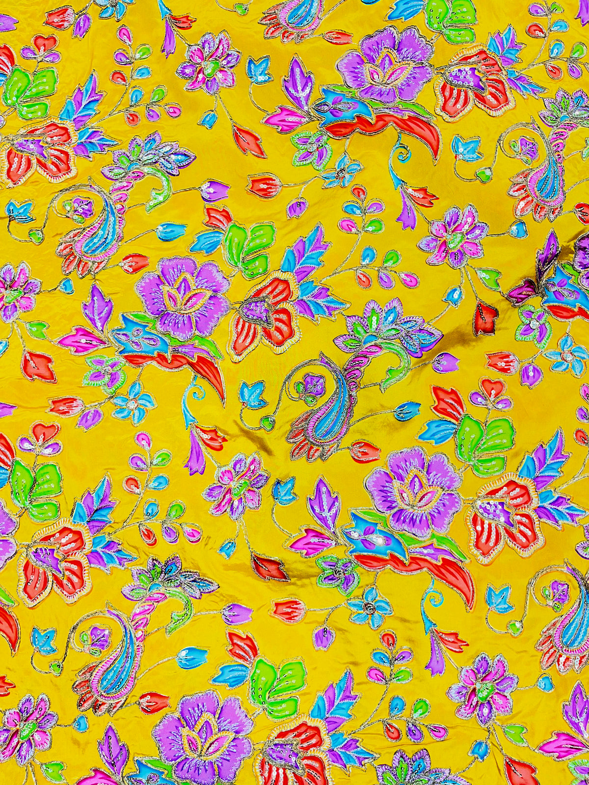 Sunshine Yellow Multicolor Floral Embroidered Fabric