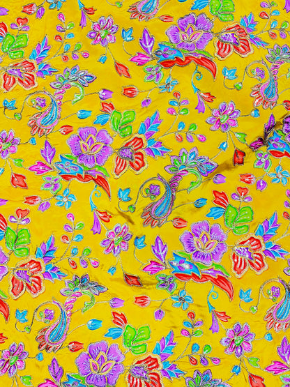 Sunshine Yellow Multicolor Floral Embroidered Fabric