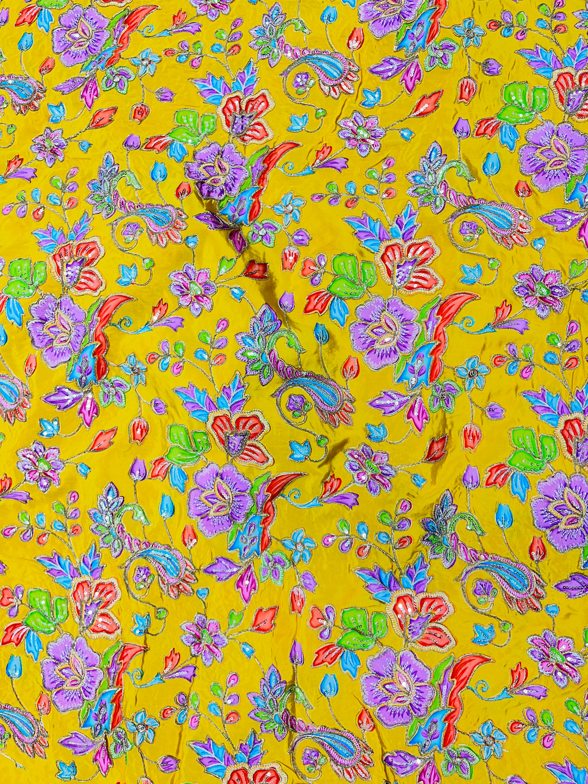 Sunshine Yellow Multicolor Floral Embroidered Fabric