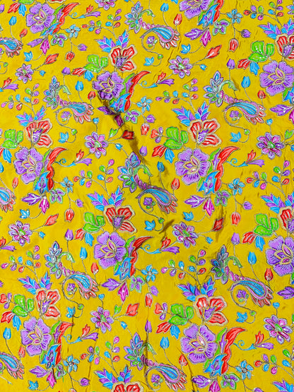 Sunshine Yellow Multicolor Floral Embroidered Fabric