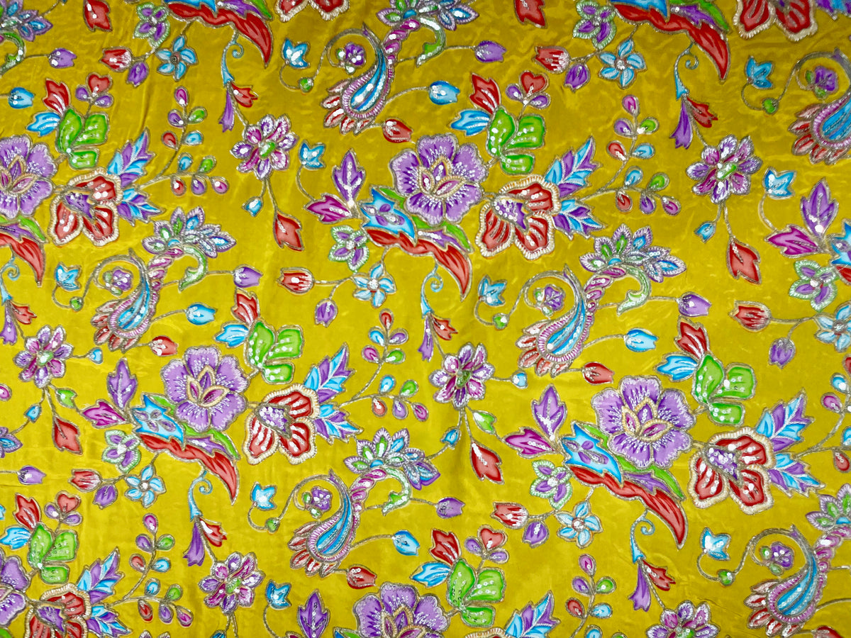 Sunshine Yellow Multicolor Floral Embroidered Fabric