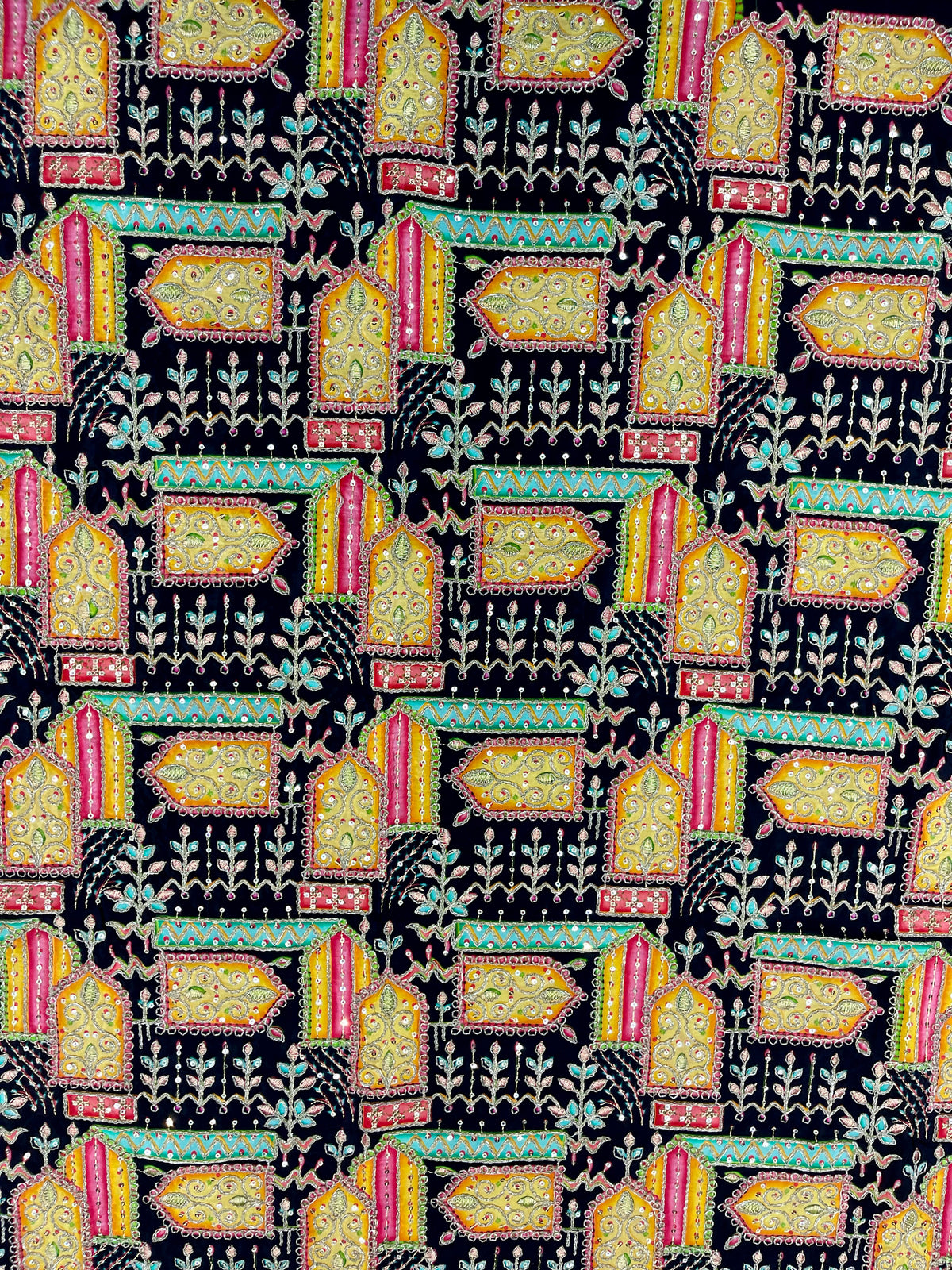 Black Multicolor Geometric Embroidered Fabric
