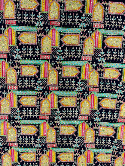 Black Multicolor Geometric Embroidered Fabric