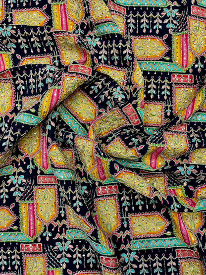 Black Multicolor Geometric Embroidered Fabric