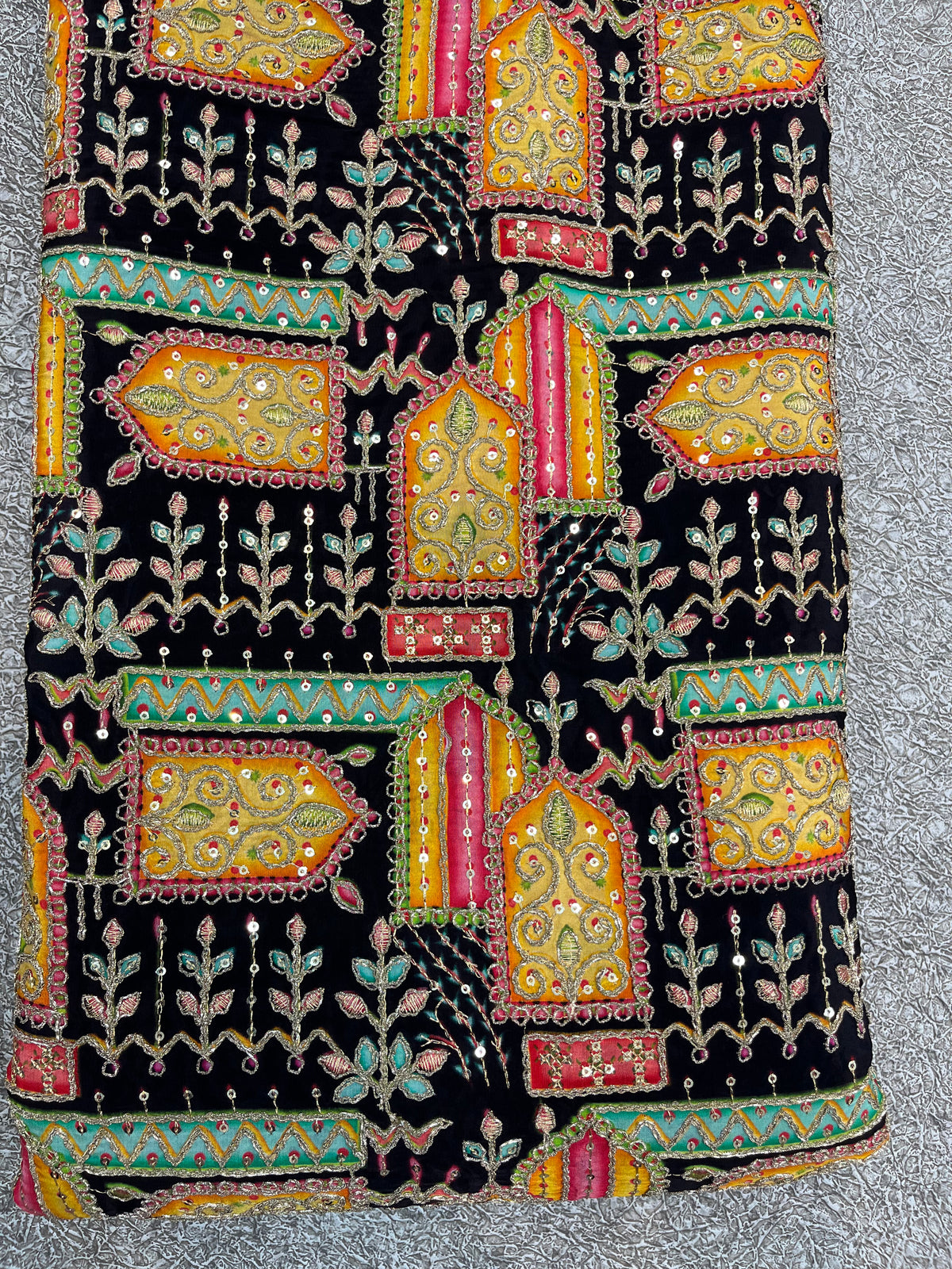 Black Multicolor Geometric Embroidered Fabric