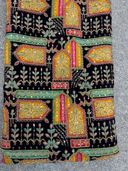 Black Multicolor Geometric Embroidered Fabric