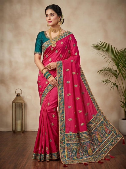 Premium Rani Pink Soft Silk Saree with Rich Paisley Woven Pallu & Designer Floral Border