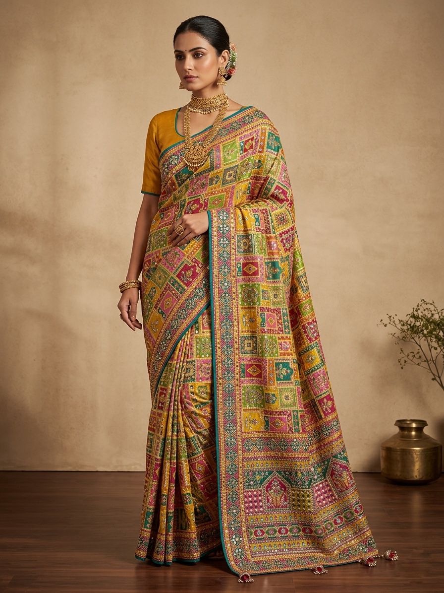 Premium Multicolor Patola-Inspired Soft Silk Saree with Designer Geometric Weaving & Rich Traditional Pallu