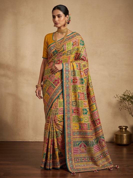 Premium Multicolor Patola-Inspired Soft Silk Saree with Designer Geometric Weaving & Rich Traditional Pallu