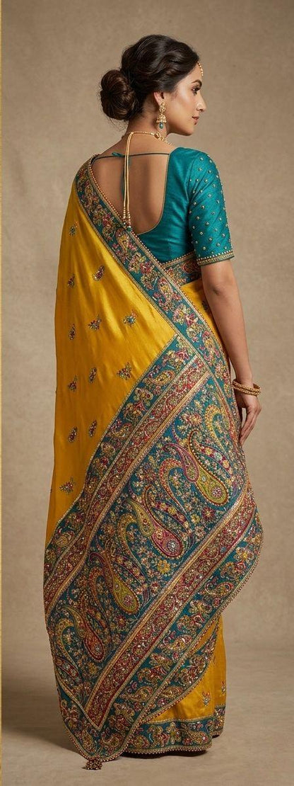 Premium Mustard Yellow Soft Silk Saree with Rich Paisley Woven Pallu & Designer Floral Border